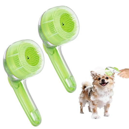 Pet Bath Brush, Dog Shampoo Brush New 2 in 1 Grooming Massage Scrubber Bubble Maker with Ring Built-in Shampoo Dispenser(Fine Bristled,Green), for Long Short Hair Cats Shower