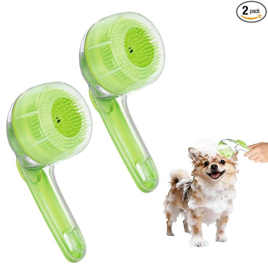 Pet Bath Brush, Dog Shampoo Brush New 2 in 1 Grooming Massage Scrubber Bubble Maker with Ring Built-in Shampoo Dispenser(2Pcs,Fine Bristled,Green), for Long Short Hair Cats Shower