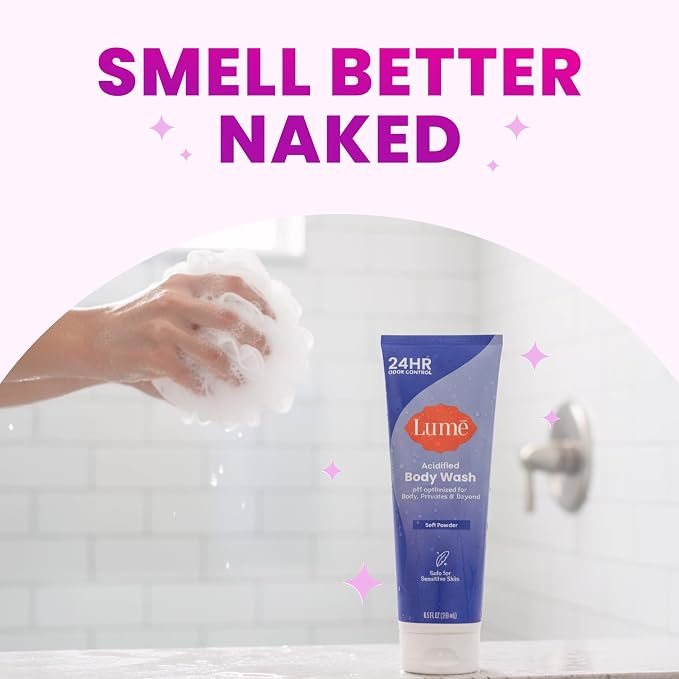 Lume Acidified Body Wash for 24 Hour Odor Control - Removes Odor Better than Soap - Hydrating Formula - Formulated without SLS or Parabens - Safe for Sensitive Skin - 8.5 Ounce - 2 Pack (Soft Powder)