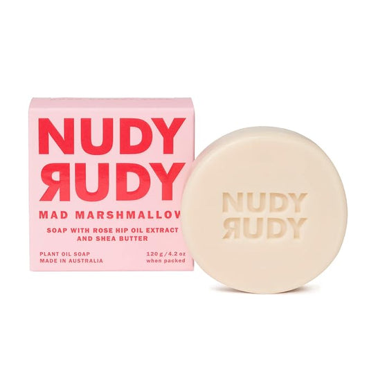 Nudy Rudy Mad Marshmallow Soap Bar Puck, Made with Organic Shea Butter and Rose Hip Oil, Triple Milled Bar, No Harsh Ingredients, All Skin Types, 4.2 oz, Made in Australia
