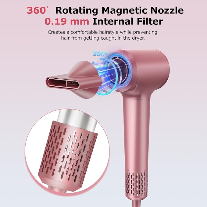 Hair Dryer, Ionic Blow Dryer, 1500W High-Speed Hairdryer with 110000 RPM Brushless Motor for Fast Drying Low Noise, 4 Temps & 2 Speeds with Magnetic Nozzle