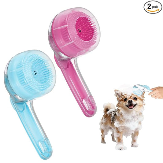 2Pcs Pet Bath Brush, Dog Shampoo Brush New 2 in 1 Grooming Massage Scrubber Bubble Maker with Ring Built-in Shampoo Dispenser(Fine Bristled,Blue/Pink), for Long Short Hair Cats