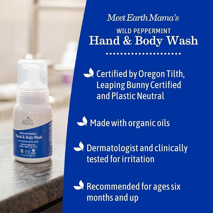Earth Mama Wild Peppermint Hand & Body Wash | Foaming Castile Soap Liquid and Hand Soap, Made with Organic Wild Mint & Peppermint Oil, 34 fl oz