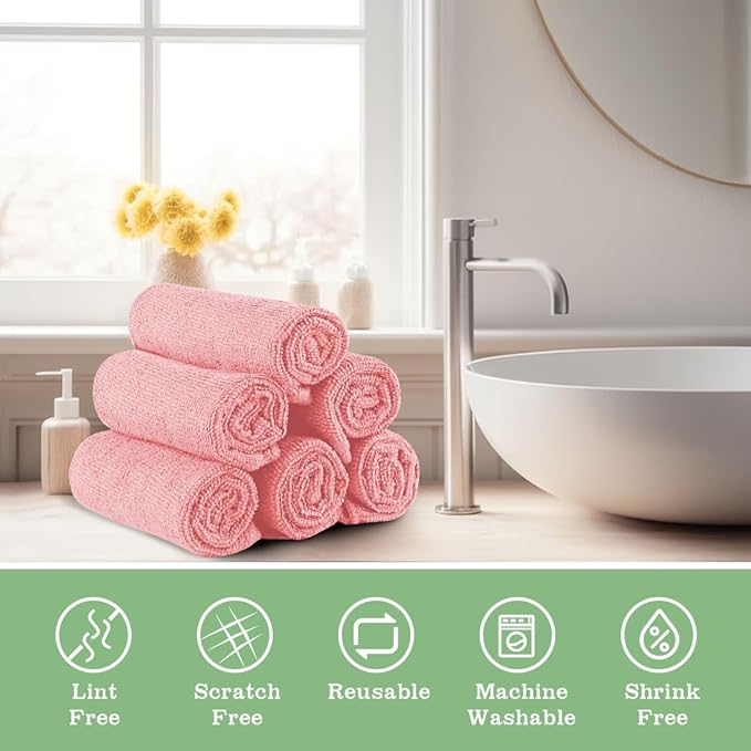 UNIMADE Washcloths Bulk - 10 Pack - Face Towels (12" x 12"), Highly Soft Wash Cloths and Hand Towels, Fast Drying Multi-Purpose Microfiber Cleansing Cloths for Bathroom, Hotel, Spa, and Salon - Pink