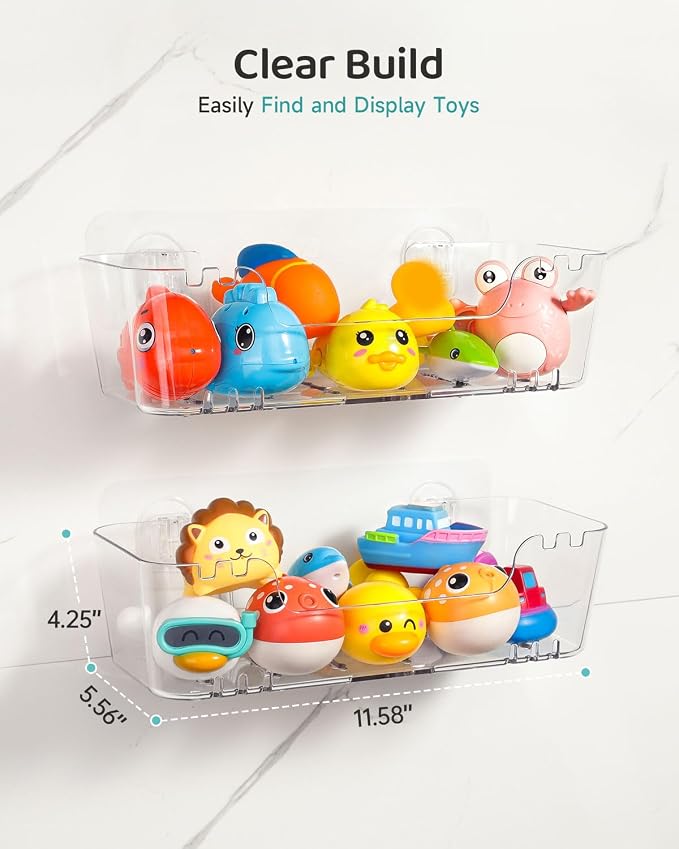 Bath Toy Storage Organizer 2 Pack, Transparent Bath Toy Holder with Drain Holes, Durable Plastic Bathtub Toy Storage for Bathroom, Quick-Dry Drainable Shower Caddy, Easy to Clean and Install