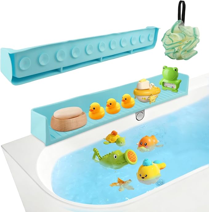 Bathtub Splash Guard, Longer Silicone Splash Guard for Bathtub with 11 Suction Cups, Prevents Water Spills in Bathroom, with Storage Area, 31.5" x 4.53" (Color:Blue)