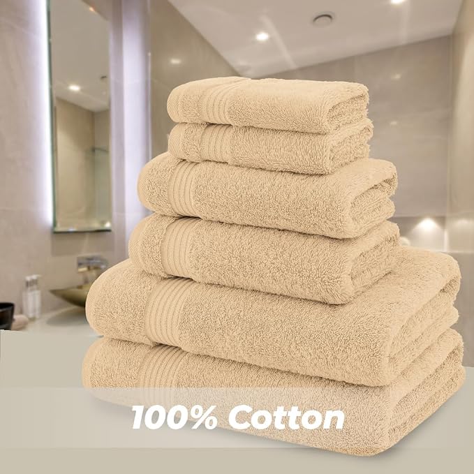 American Bath Towels 100% Cotton 6 Piece Turkish Towel Set, Ultra Soft Absorbent Bathroom Towels, 2 Bath Towel 2 Hand Towels 2 Washcloths, Beige