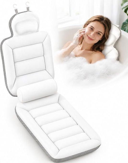 Full Body Bath Pillow for Bathtub, White 52" x 17" | Extra Thick, Adjustable Lumbar Support, 240 Suction Cups, Quick Dry, for Home Spa Relaxation