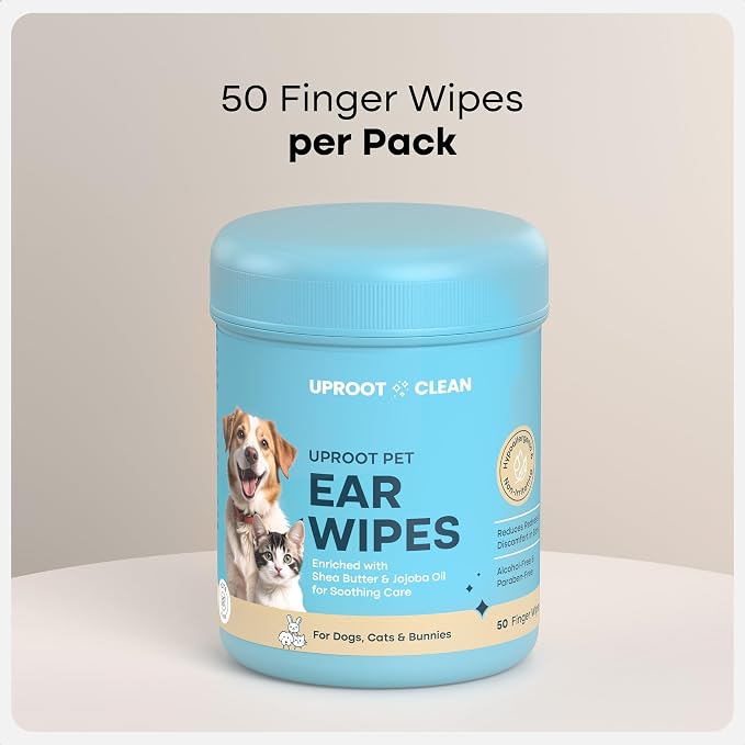 Uproot Clean Cat & Dog Ear Cleaner Finger Wipes (50ct.): Disposable Dog Ear Wipes Enriched with Shea Butter & Jojoba Oil - Cleaner Removing Wax Build Up, Help with Odor Discomfort