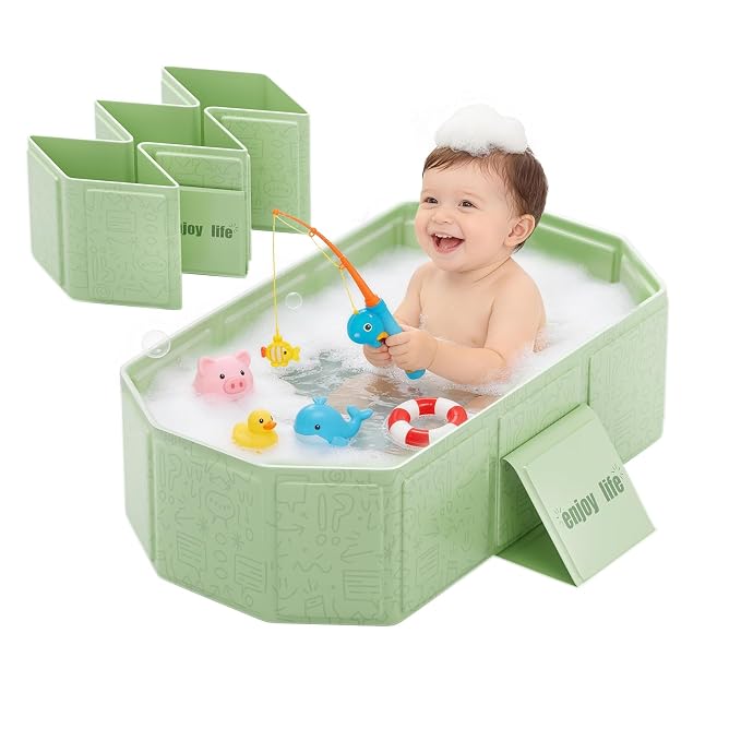 Baby Collapsible Bathtub for Newborns to Toddlers, Foldable and Portable, Kids Bath Tub with Non-Slip Base, Easy Storage for Travel & Small Spaces, Graffiti Green