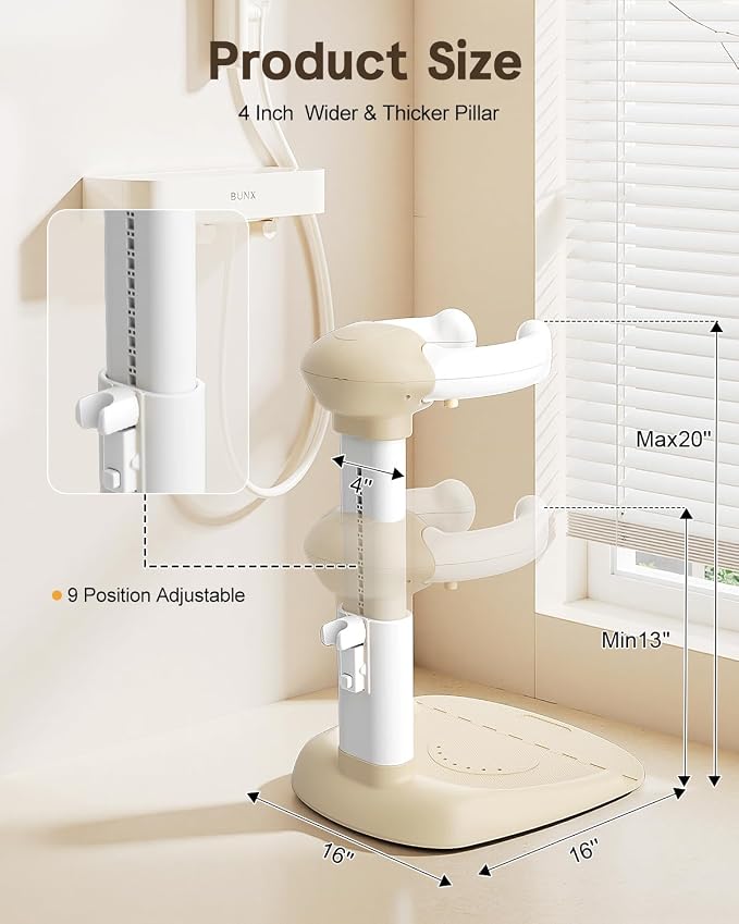 COOSEYA® Baby Shower Stand, Toddler Bath Stand Support with Thicker Colum, Anti-Pinch, Anti-Slip Base, Adjustable Shower Holder for Toddler Standing (Khaki)