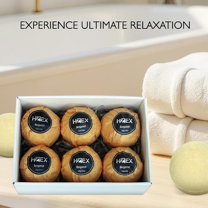 HZEX Charcoal Activated Bath Bombs for Men – Detox with Handmade Organic 6 Pack Bath Bomb Set, up to 3 Scents (Sandalwood, Bergamot, Ocean), Individually Wrapped (Bergamot)