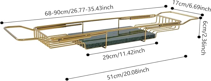 Expandable Bathtub Tray – 26.77" to 35.43" Adjustable Bathtub Caddy | with Natural Marble Board, Raised Guardrails, Tablet/Phone Stand – Home Spa Accessory for Bath, Holds 44 lbs (Gold + Green)