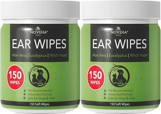 NOVEHA 300PCs Dog Ear Cleaner Wipes, Daily Ear Cleaner for Dogs & Cats - Stop Ear Itching with Aloe, Eucalyptus & Witch Hazel Ear Wipes for Dogs - for Odor Control, Dirt and Wax Removal, Unscented