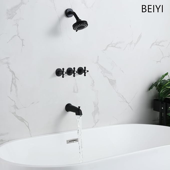 3 Handle Tub Shower Faucet Matte Black Three Knod Tub and Shower Trim Kit 3 Handles Bathtub Shower Faucets Completes with Brass Valve