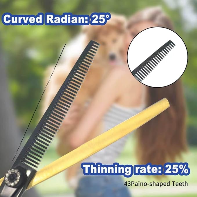7" Curved Thinner Dog Scissor, Curved Fluffer Scissors, 43 Teeth, 25% Thinning Rate, Professional Pet Shear for Groomer, Ergonomic Dog Grooming Scissor, Dogs Shear for Grooming to remove bulk quickly