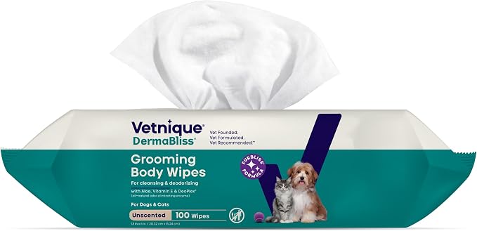 Vetnique Furbliss/Dermabliss Pet Wipes for Dogs & Cats for Grooming, Cleansing & Deodorizing, Thick Dog Wipes for Convenient Dog Cleaning with Natural Deodorizer, 100ct (NEW Unscented)