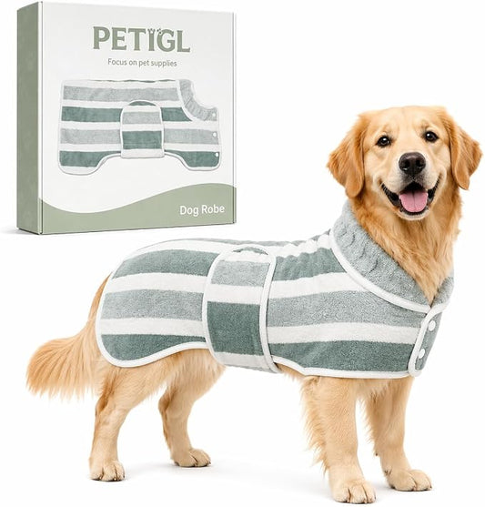 Dog Robe, Towels for Dogs After Bath, Dog Bathrobe for Drying Dogs, Fast Drying Super Absorbent Striped Dog Towel Wrap, Adjustable Warm Pet Bath Supplies (Green, Small)