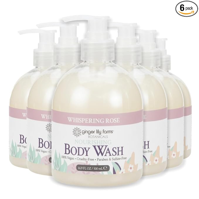 Ginger Lily Farms Botanicals Nourishing Body Wash, 100% Vegan & Cruelty-Free, Whispering Rose Scent, 16.9 Fl Oz (Pack of 6)