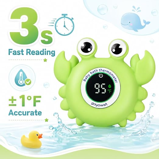 Baby Bathtub Thermometer with LED Display Screen+Green Crab toy-2-in-1 | Color Coded Alarm (Cold/Comfortable/hot) Bath Temperature Monitor, Adorable Floating Toys for Infants, Essential for Babies