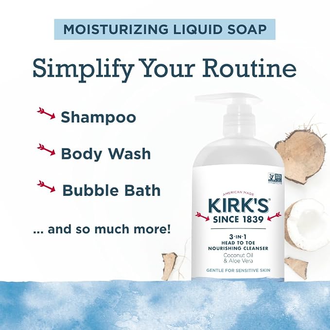 Kirk's Original Fresh 3-in-1 Nourishing Cleanser, Shampoo Body Wash Bubble Bath, Coconut Oil and Aloe Vera, Vegan Non-GMO, 32 Fl Oz