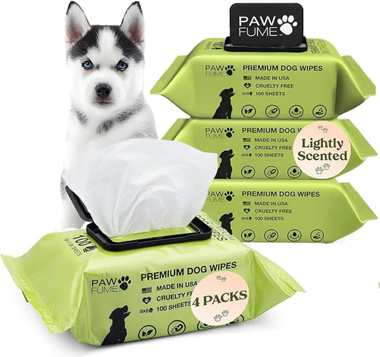 Pawfume Dog Wipes 4 x 100 Count, Pet Wipes – Hypoallergenic & Gentle Dog Wipes for Eyes, Face, Butt, and Paws – Cleaning & Deodorizing, Grooming Tear Stain Wipes for Puppy, Adult Dogs & Cats