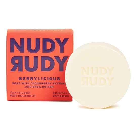 Nudy Rudy Berrylicious Soap Bar Puck, Made with Organic Shea Butter and Arctic Cloudberry, Triple Milled Bar, No Harsh Ingredients, All Skin Types, 4.2 oz, Made in Australia