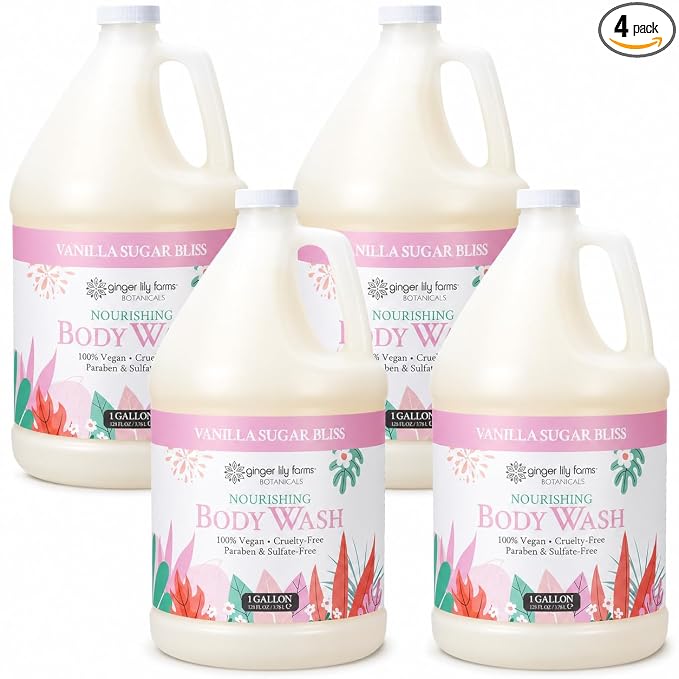 Ginger Lily Farms Botanicals Nourishing Body Wash, 100% Vegan & Cruelty-Free, Vanilla Sugar Bliss Scent, 1 Gallon (Pack of 4)