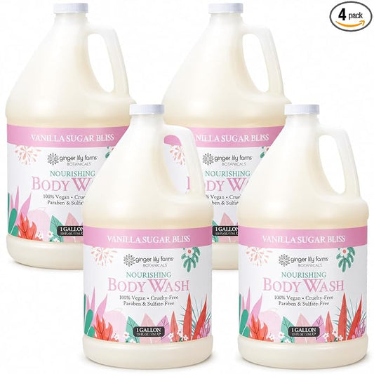 Ginger Lily Farms Botanicals Nourishing Body Wash, 100% Vegan & Cruelty-Free, Vanilla Sugar Bliss Scent, 1 Gallon (Pack of 4)