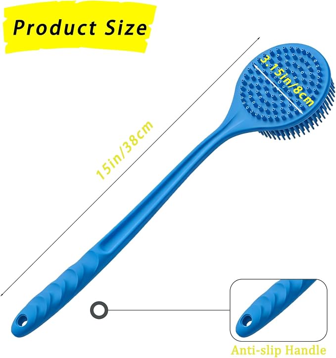 Silicone Back Scrubber for Shower, 17in Lengthen Long Handle Body Brush, Double Sided Shower Brush for Shower Exfoliating and Massage,Includes 2 Hooks (Blue)