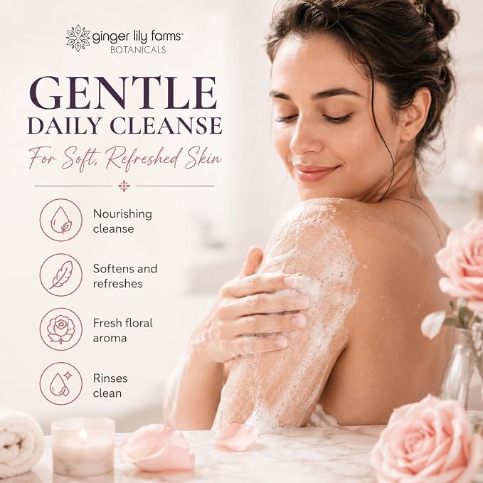 Ginger Lily Farms Botanicals Nourishing Body Wash, 100% Vegan & Cruelty-Free, Whispering Rose Scent, 16.9 Fl Oz (Pack of 6)