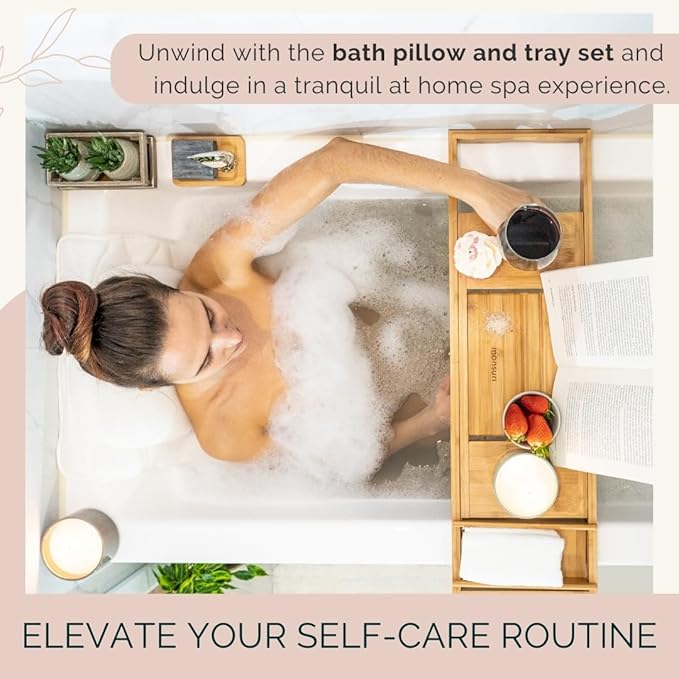 Bathtub Tray and Full Body Bath Pillow Set - Foldable Bath Tray for Tub and Full Body Bath Cushion for Ultimate Relaxation - Perfect Self Care Gift, Bath Accessories for Women, Spa Gifts for Women.