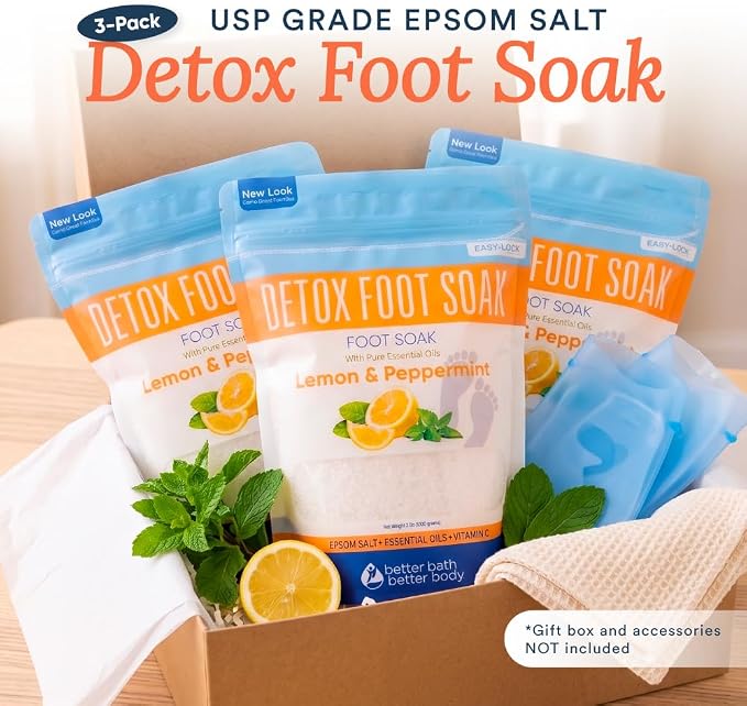 Detox Foot Soak (3 Pack) Epsom Salt Soothing Soaks and Athlete's Foot Detox with Essential Oils in BPA Free Pouch with Press Lock Seal (Bundle with Three 2 Lbs Pouches 6 Lbs Total)