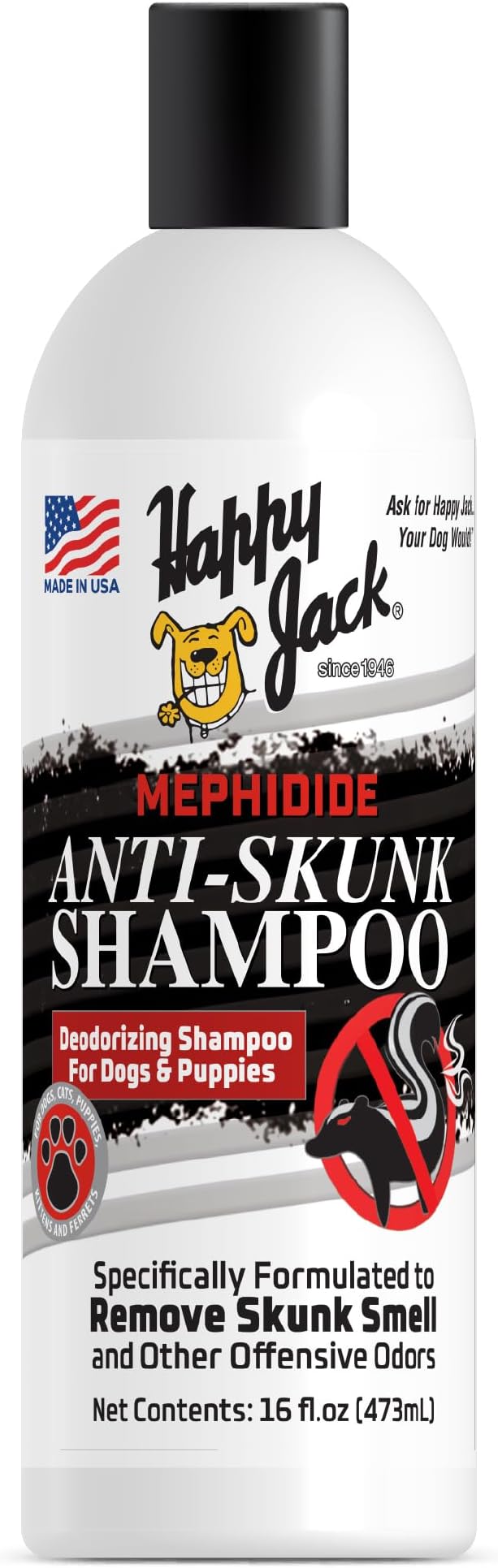 HAPPY JACK Mephidide Anti-Skunk Shampoo for Dogs & Cats, 16 oz | Powerful Pet Odor Eliminator, Skunk Smell Removal, Deodorizing Grooming Shampoo, Safe for Coat & Sensitive Skin, For Home Use