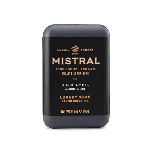 Mistral Black Amber Luxury Bar Soap for Men | Men’s Natural Soap Bar | Paraben, Phthalats Free | Moisturizing & Triple-Milled Natural Soap for Men - Made in France | Large, 8.8 oz