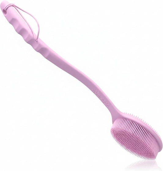 Avilana Silicone Body Scrubber for Shower – SGS Certified Food Grade Dual Sided Bath Brush, Gentle Exfoliating Silicone Loofah Alternative, Sensitive Skin Body Brush (Pink, Long Handle)
