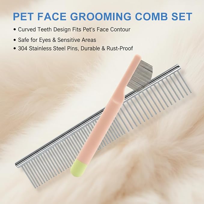 2 Pcs Dog Eye Comb Stainless Steel Pet Grooming Comb, Dog Flea Combs Pet Facial Brush, Round-Tip Arc Teeth Stress-free Tear Stain Remover for Puppy Cat