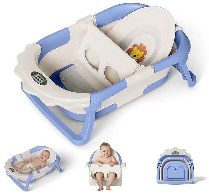 MoreFeel Foldable Baby Bathtub with Thermometer - 4-in-1 Grow-with-Me Collapsible Infant Tub (Newborn to Toddler) with Adjustable Mesh Sling - Space Saving Design
