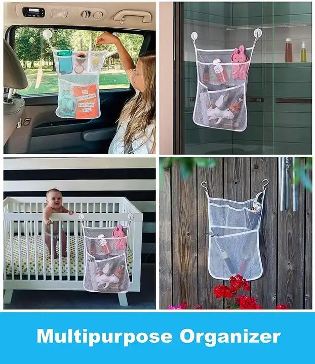Hanging Bathtub Toy Holder And Shower Caddy - Large 14 X 20 inch, Multi use net Bag with 2 Suction and 2 Adhesive Hooks, Quick Dry, Bedroom - Car Toy Organizer.