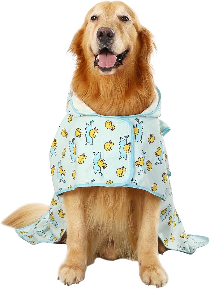 HDE Dog Bathrobe Super Absorbent Quick Drying Puppy Towel Wrap Coat Adjustable After Bath Robes with Hood for Dog Sizes S-XXL Rubber Duck Puddles XXL