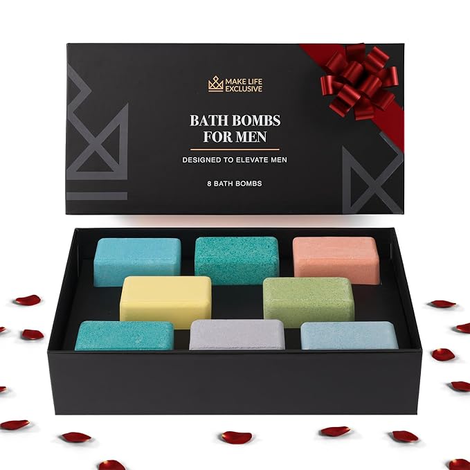 Bath Bombs for Men – 8 Large Block Shape Natural Mens Bath Bombs | Relaxing Bubble Bath Set & Bubble Bath Balls for Men | Masculine Scents & Skin Soothing Gift Set
