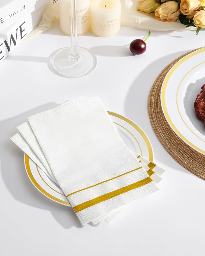 Goodluck 200 Pack 3-Ply Disposable Napkins - Soft & Absorbent Paper Hand Towels for Bathroom Guests, Dinner Party, Kitchen, Christmas, Wedding & Events, Parties - Striped Gold Trim