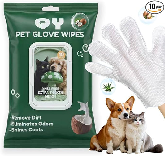 10-Pack Pet Cleaning Glove Wipes with Lid | Extra Thick Dog & Cat Grooming Gloves | Rinse-Free Bath Wipes with Coconut, Aloe, Corn & Jojoba for Odor Control & Daily Care