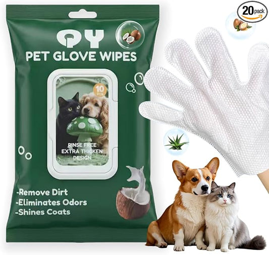 20-Pack Extra Thick Pet Cleaning Glove Wipes with Lid | Value Pack Dog & Cat Grooming Gloves | Rinse-Free Bath Wipes with Coconut, Aloe & Jojoba for Odor Control & Daily Care