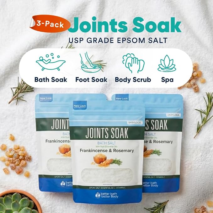 Joints Bath Soak (3 Pack) Soothing Epsom Salt with Rosemary and Frankincense Essential Oils Plus Vitamin Crystals in BPA Free Pouch Three 2 lbs Pouches 6 Lbs Total