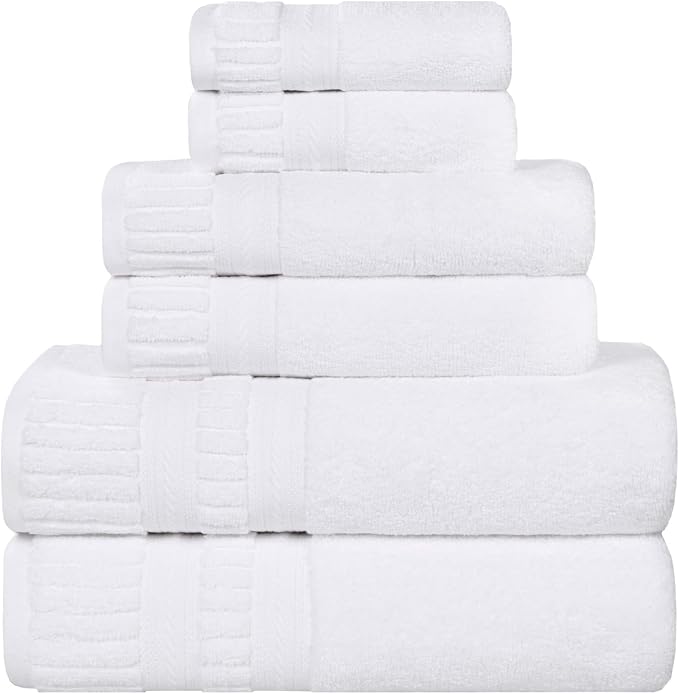 Superior Venice Zero Twist Cotton Medium Weight Towels, for Guest Bath, Bathroom, Shower, Spa, Plush Towels, Bath Essentials, Ribbed Textured Border, 6 Piece Assorted Towel Set, White