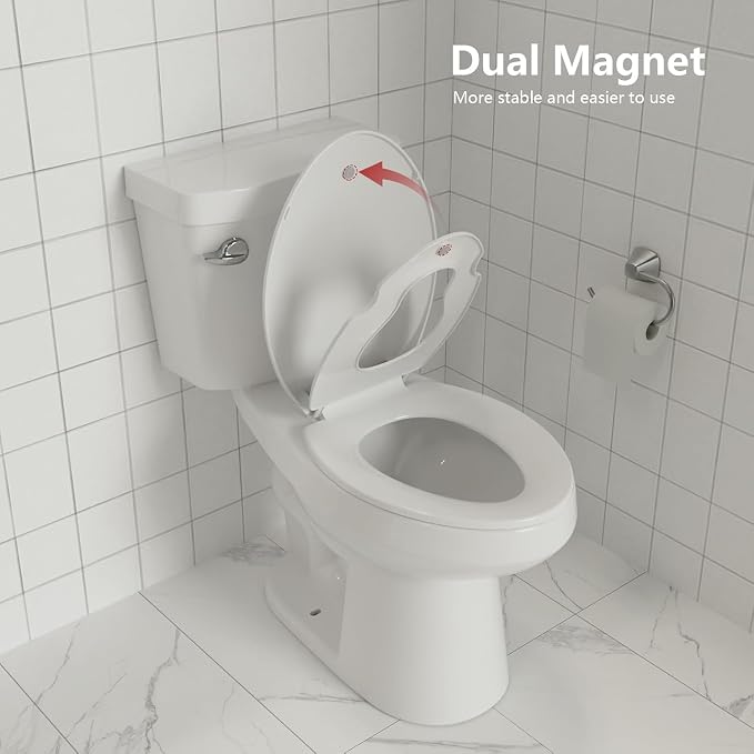 Enlongated Toilet Seat with Built-in Toddler Seat for Easy Potty Training, Baby Toilet lid 2 in 1, Easy Install and Clean, PP Material Safe and No Loosen, Perfect for Both Adults and Children, White