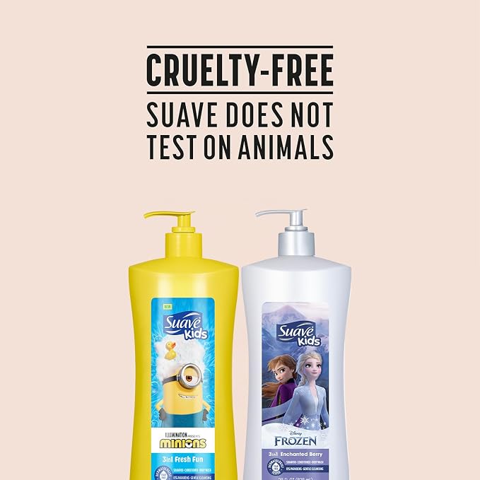 Suave Kids 3-in-1 Variety 2-Pack – Minions Fresh Fun + Frozen Enchanted Berry Tear-Free Shampoo, Conditioner & Body Wash, 28 Oz Ea