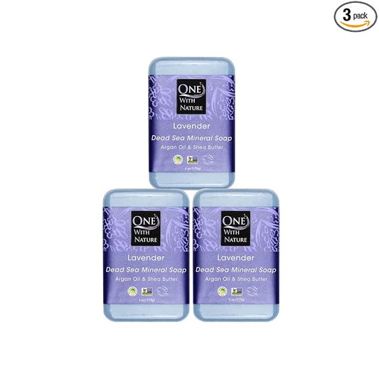 One With Nature Dead Sea Salt Lavender Soap 4oz 3-Pack – Soothing and Exfoliating Soap Bar with Dead Sea Minerals for Face & Body, for Men & Women