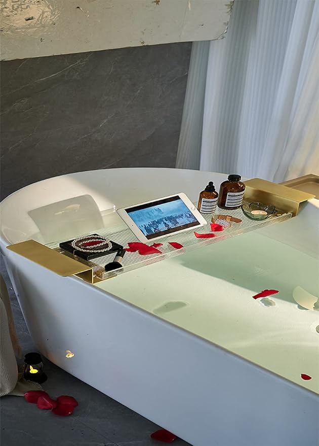 WANLIAN Acrylic Brass Bathtub Caddy Tray, Adjustable Length Bath Caddy Tray Shelf for Shower Storage Organizer